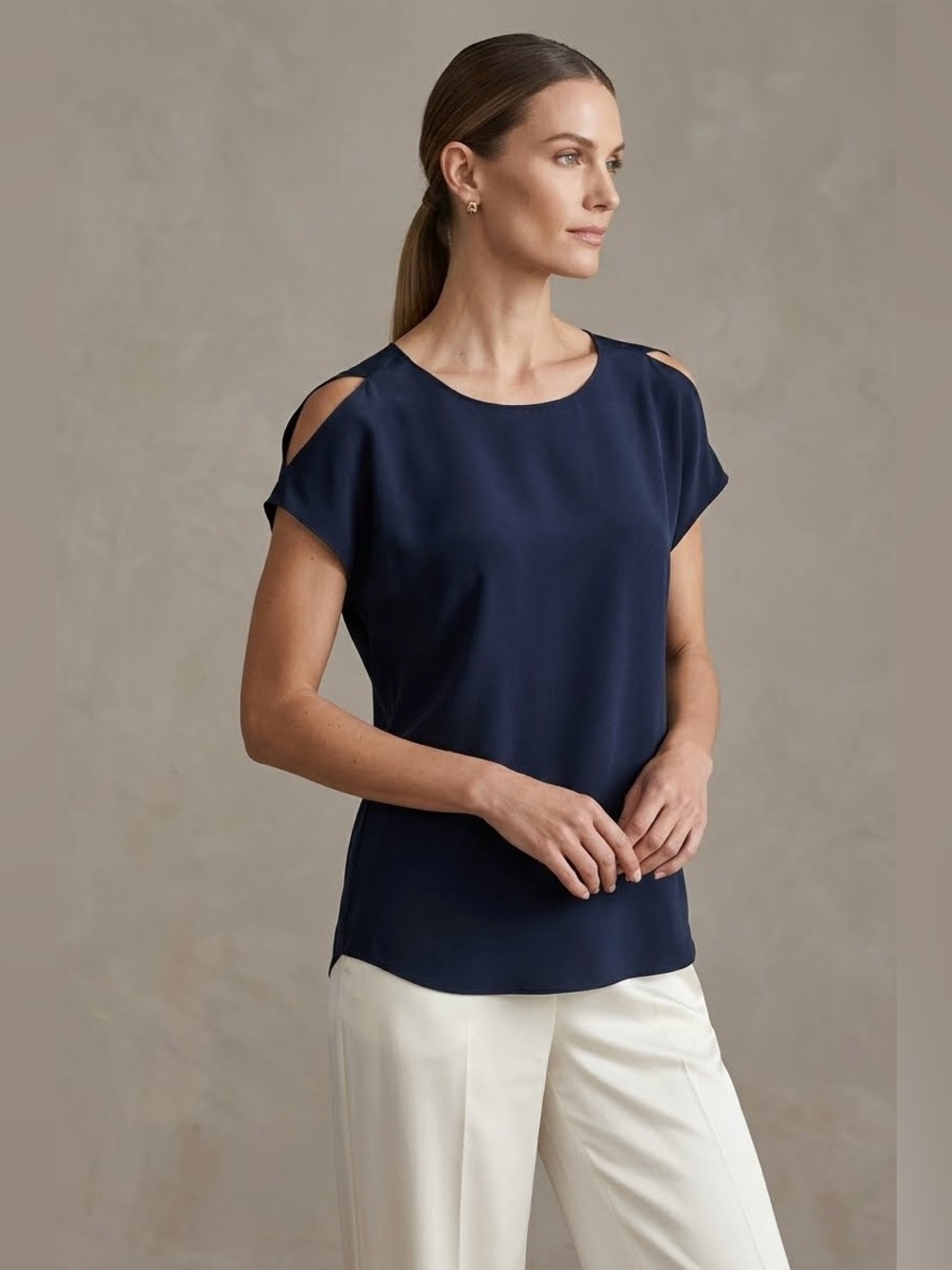 Peter Cohen Luxury 100% Silk Boatneck Cap Sleeve Top - Deep Navy